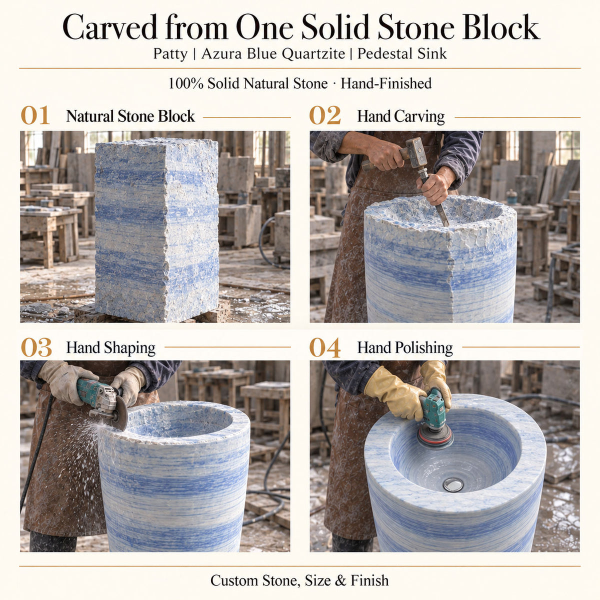Patty Azura Blue Quartzite Pedestal Sink carved from one solid natural stone block with hand carving, shaping and polishing