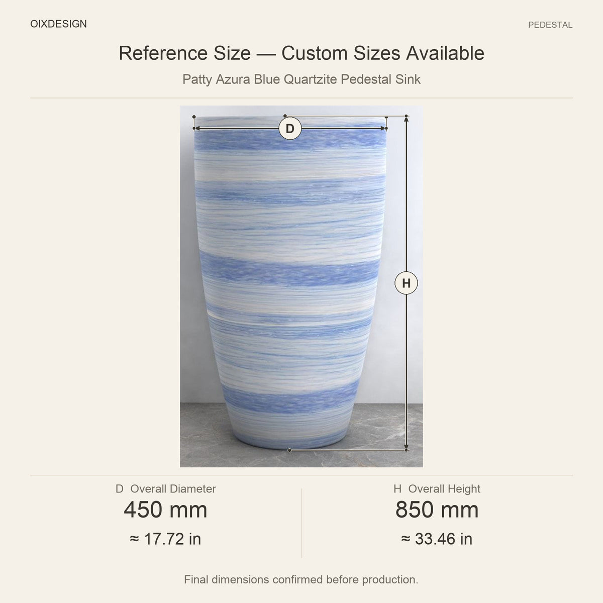 Patty Azura Blue Quartzite Pedestal Sink reference overall dimensions in millimeters and inches