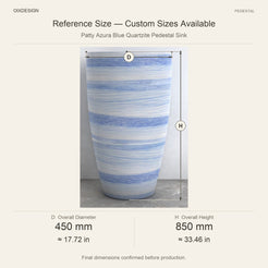 Patty Azura Blue Quartzite Pedestal Sink reference overall dimensions in millimeters and inches