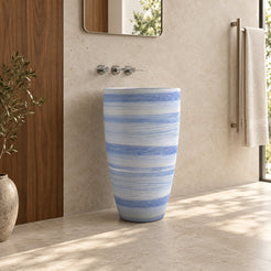 Patty Azura Blue Quartzite Pedestal Sink — warm walnut bathroom, complete pedestal, low oblique view