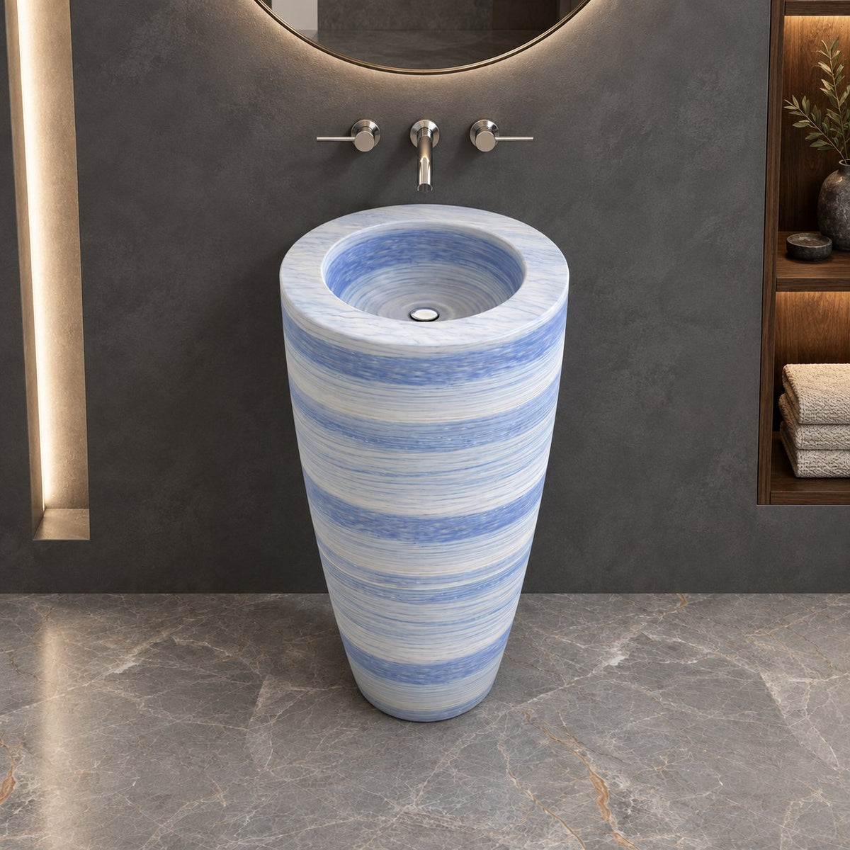Patty Azura Blue Quartzite Pedestal Sink — charcoal bathroom, frontal basin interior view
