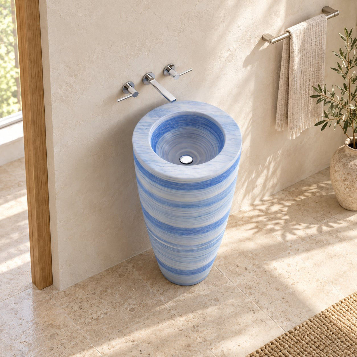 Patty Azura Blue Quartzite Pedestal Sink — pale oak bathroom, elevated diagonal full pedestal view