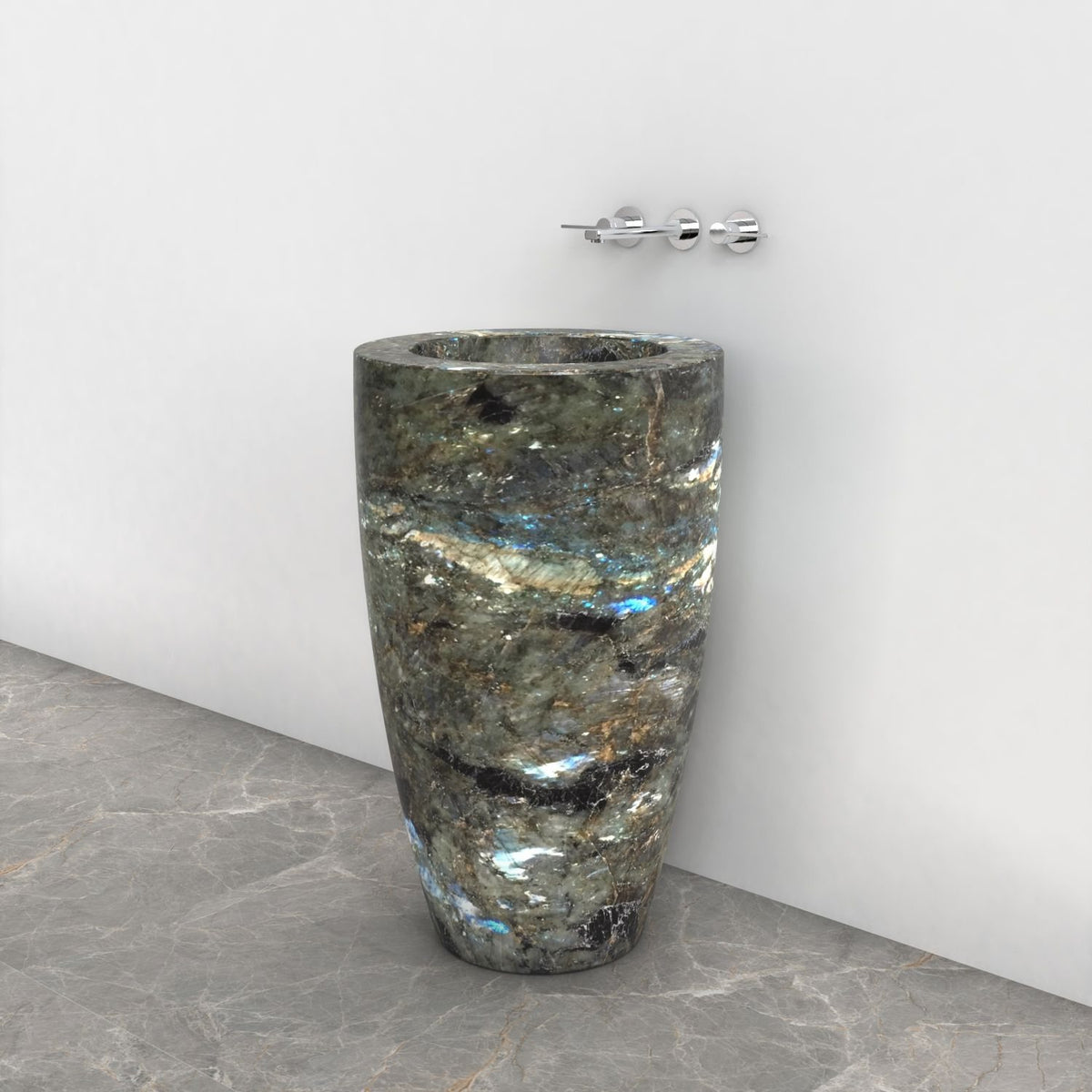 Patty Celestia Blue Quartzite Pedestal Sink — complete floor-standing product from basin rim to base in a bathroom setting