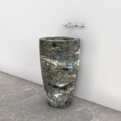 Patty Celestia Blue Quartzite Pedestal Sink — complete floor-standing product from basin rim to base in a bathroom setting