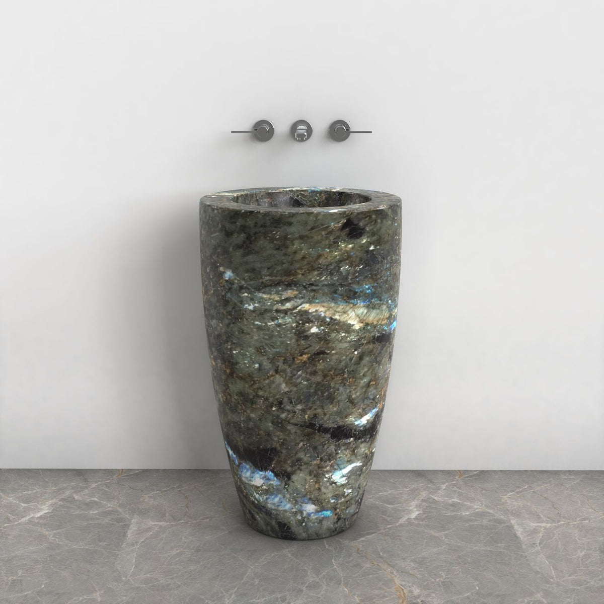 Patty Celestia Blue Quartzite Pedestal Sink — front lifestyle view showing full pedestal height and basin profile