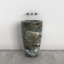 Patty Celestia Blue Quartzite Pedestal Sink — front lifestyle view showing full pedestal height and basin profile