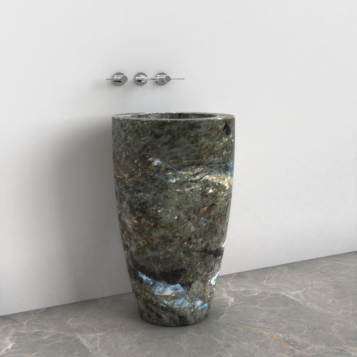 Patty Celestia Blue Quartzite Pedestal Sink — alternate bathroom angle showing the complete column and base
