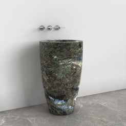 Patty Celestia Blue Quartzite Pedestal Sink — alternate bathroom angle showing the complete column and base