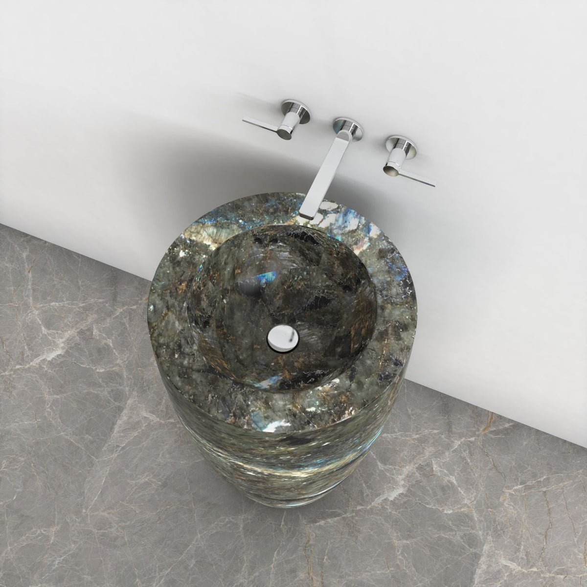 Patty Celestia Blue Quartzite Pedestal Sink — elevated basin view showing the rim, inner bowl and visible drain area