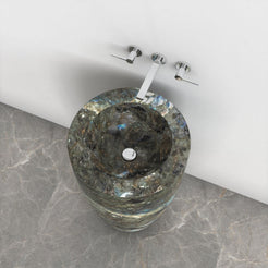 Patty Celestia Blue Quartzite Pedestal Sink — elevated basin view showing the rim, inner bowl and visible drain area