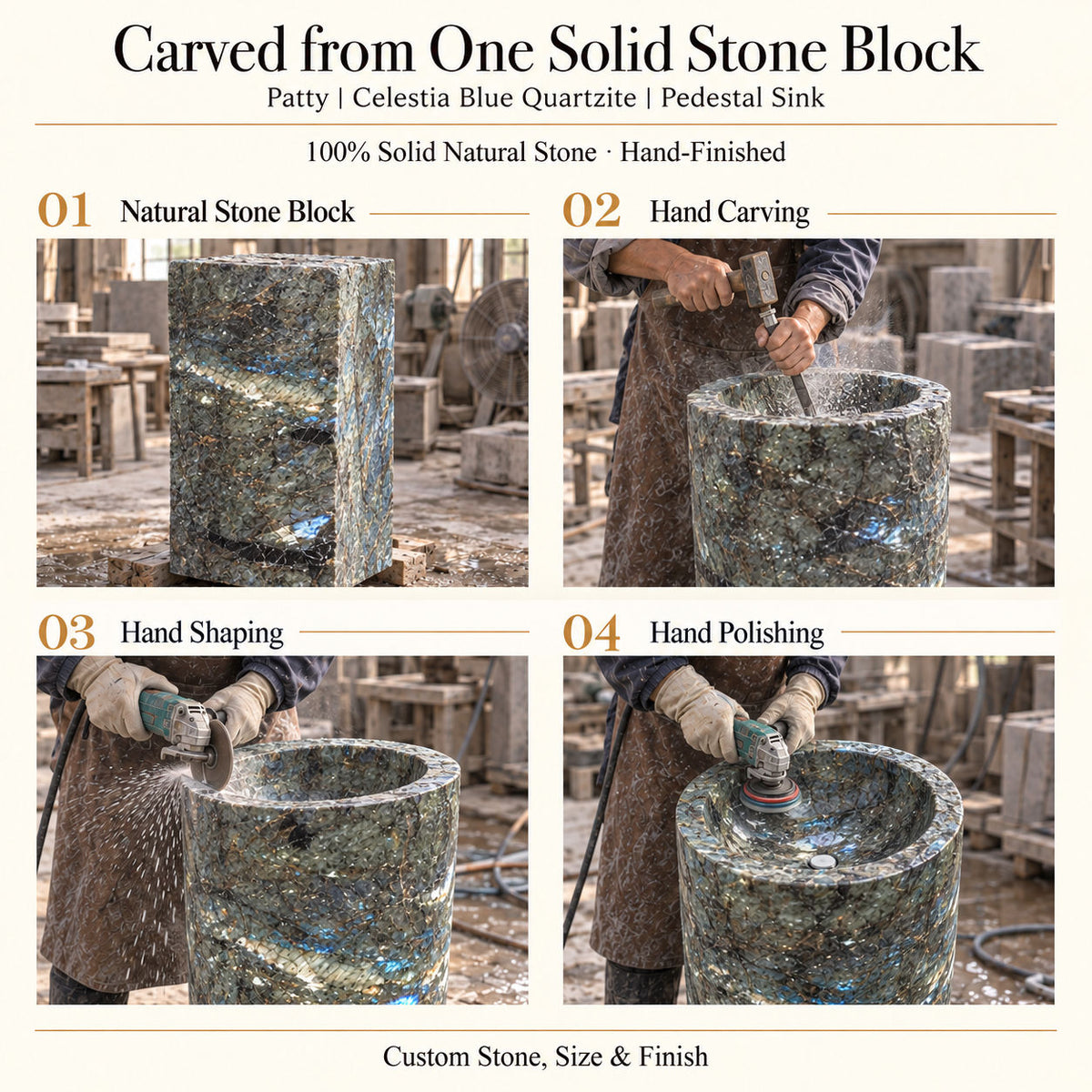 Patty Celestia Blue Quartzite Pedestal Sink carved from one solid natural stone block with hand carving, shaping and polishing