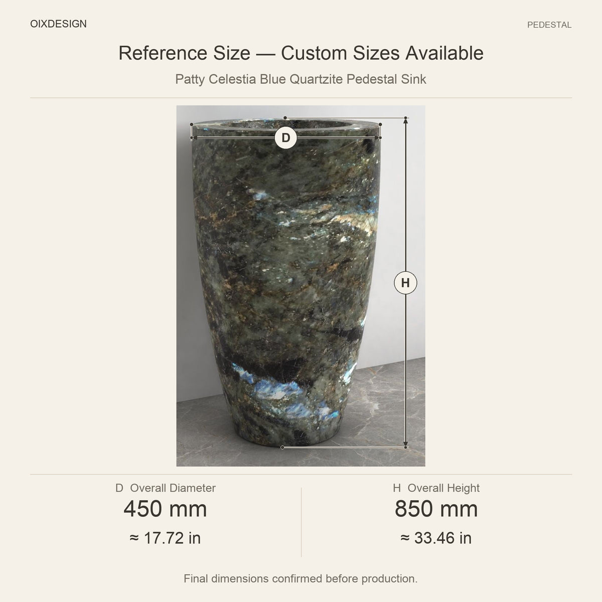 Patty Celestia Blue Quartzite Pedestal Sink reference overall dimensions in millimeters and inches