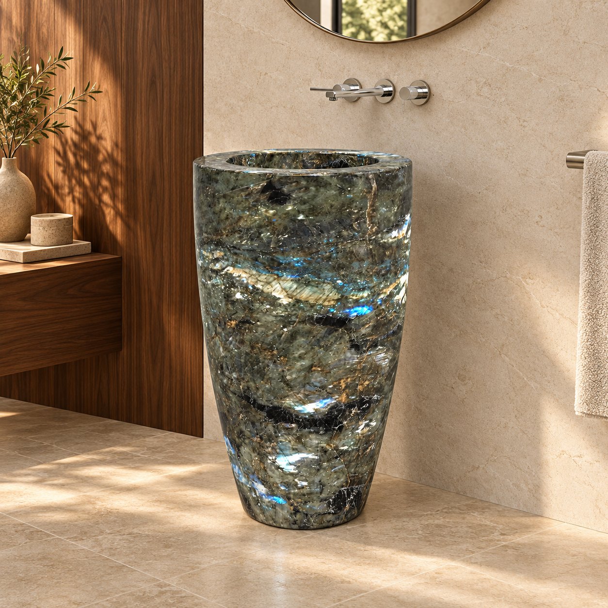 Patty Celestia Blue Quartzite Pedestal Sink — full tapered column in a warm walnut bathroom