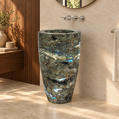 Patty Celestia Blue Quartzite Pedestal Sink — full tapered column in a warm walnut bathroom