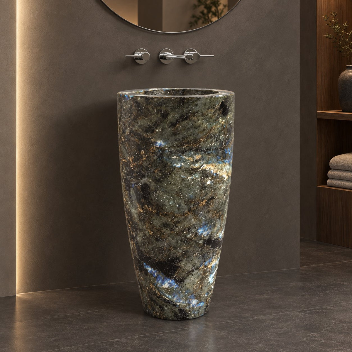 Patty Celestia Blue Quartzite Pedestal Sink — opposite side view in a charcoal bathroom revealing mineral bands