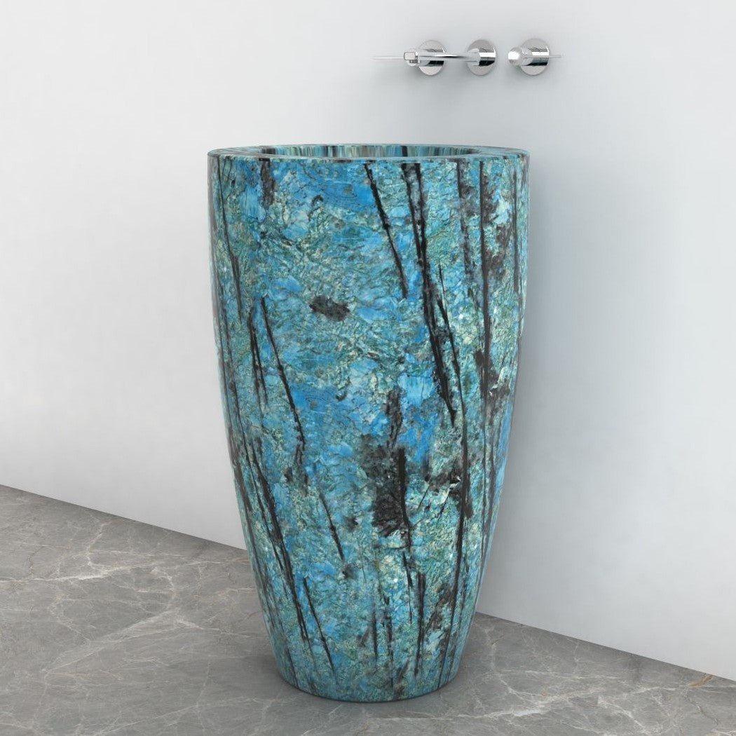 Patty Danube Blue Quartzite Pedestal Sink — complete floor-standing product from basin rim to base in a bathroom setting