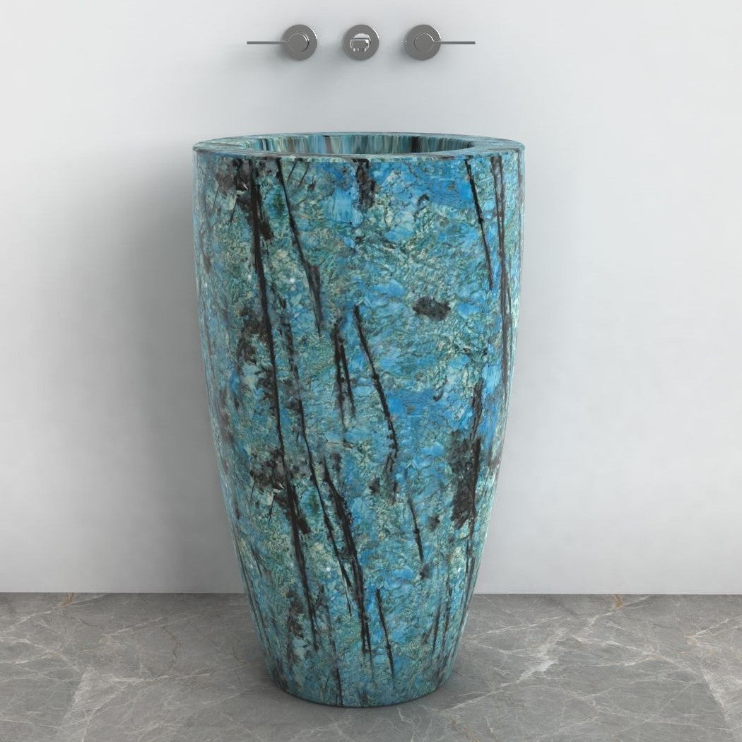 Patty Danube Blue Quartzite Pedestal Sink — front lifestyle view showing full pedestal height and basin profile