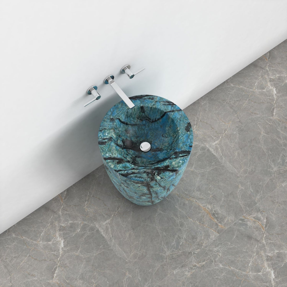 Patty Danube Blue Quartzite Pedestal Sink — elevated basin view showing the rim, inner bowl and visible drain area