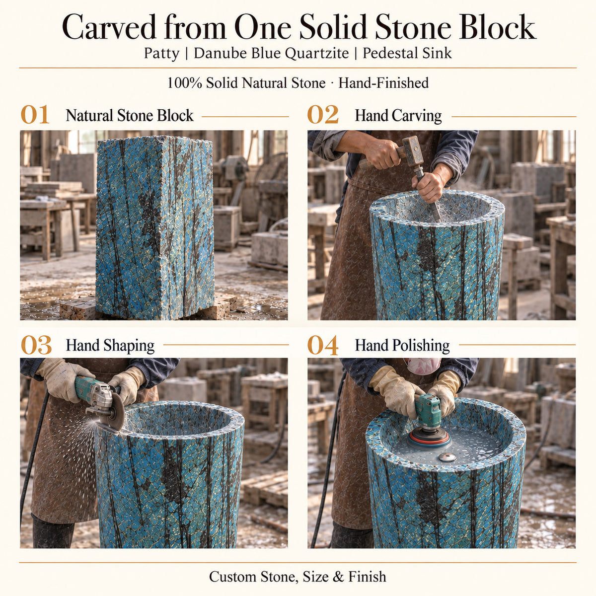 Patty Danube Blue Quartzite pedestal sink carved from one solid natural stone block with hand carving, shaping and polishing