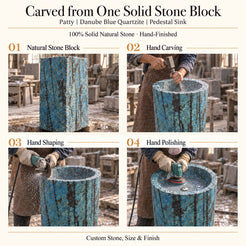 Patty Danube Blue Quartzite pedestal sink carved from one solid natural stone block with hand carving, shaping and polishing
