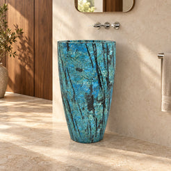 Patty Danube Blue Quartzite Pedestal Sink — full tapered column in a warm walnut bathroom