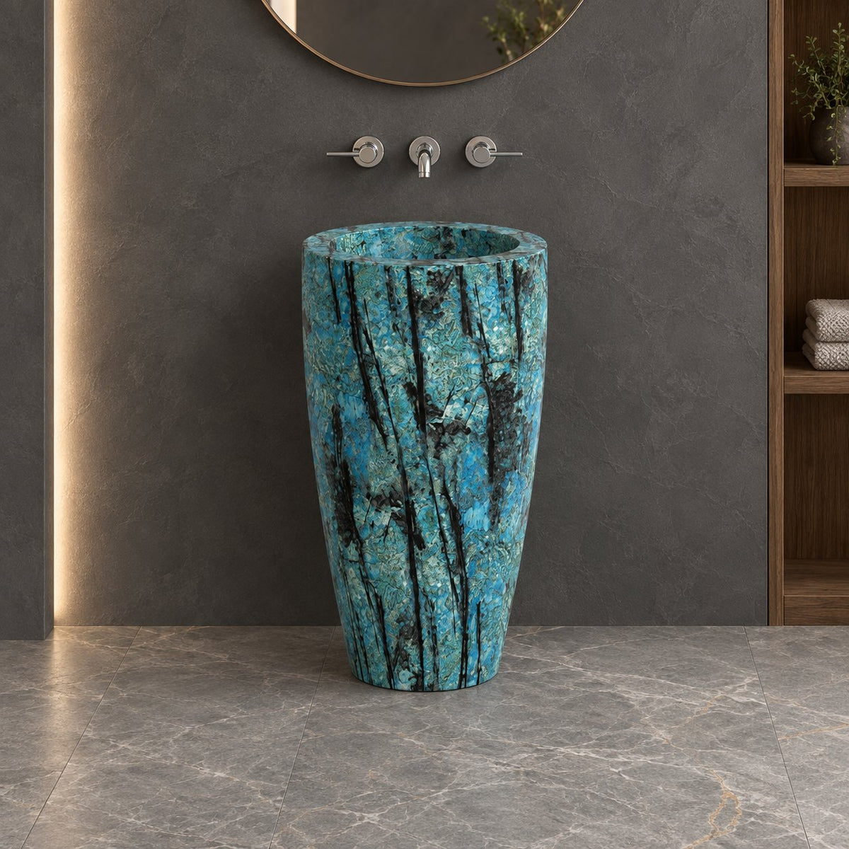 Patty Danube Blue Quartzite Pedestal Sink — front view in a charcoal bathroom with the basin rim visible