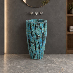 Patty Danube Blue Quartzite Pedestal Sink — front view in a charcoal bathroom with the basin rim visible