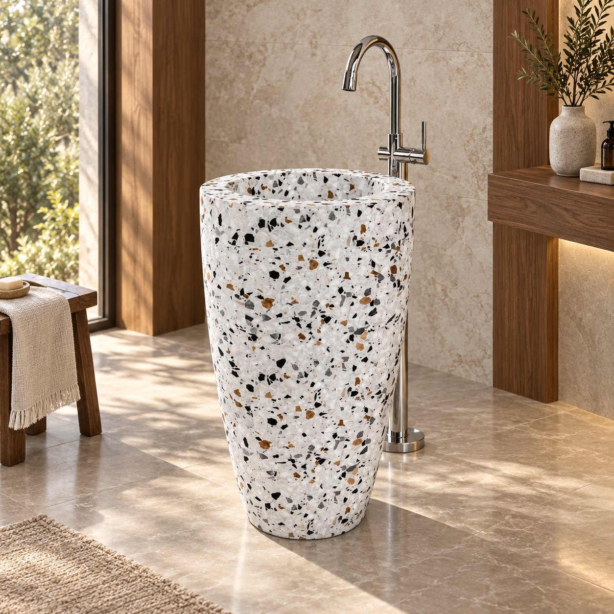 Patty Sky Terrazzo Pedestal Sink — warm walnut bathroom, right three-quarter full pedestal