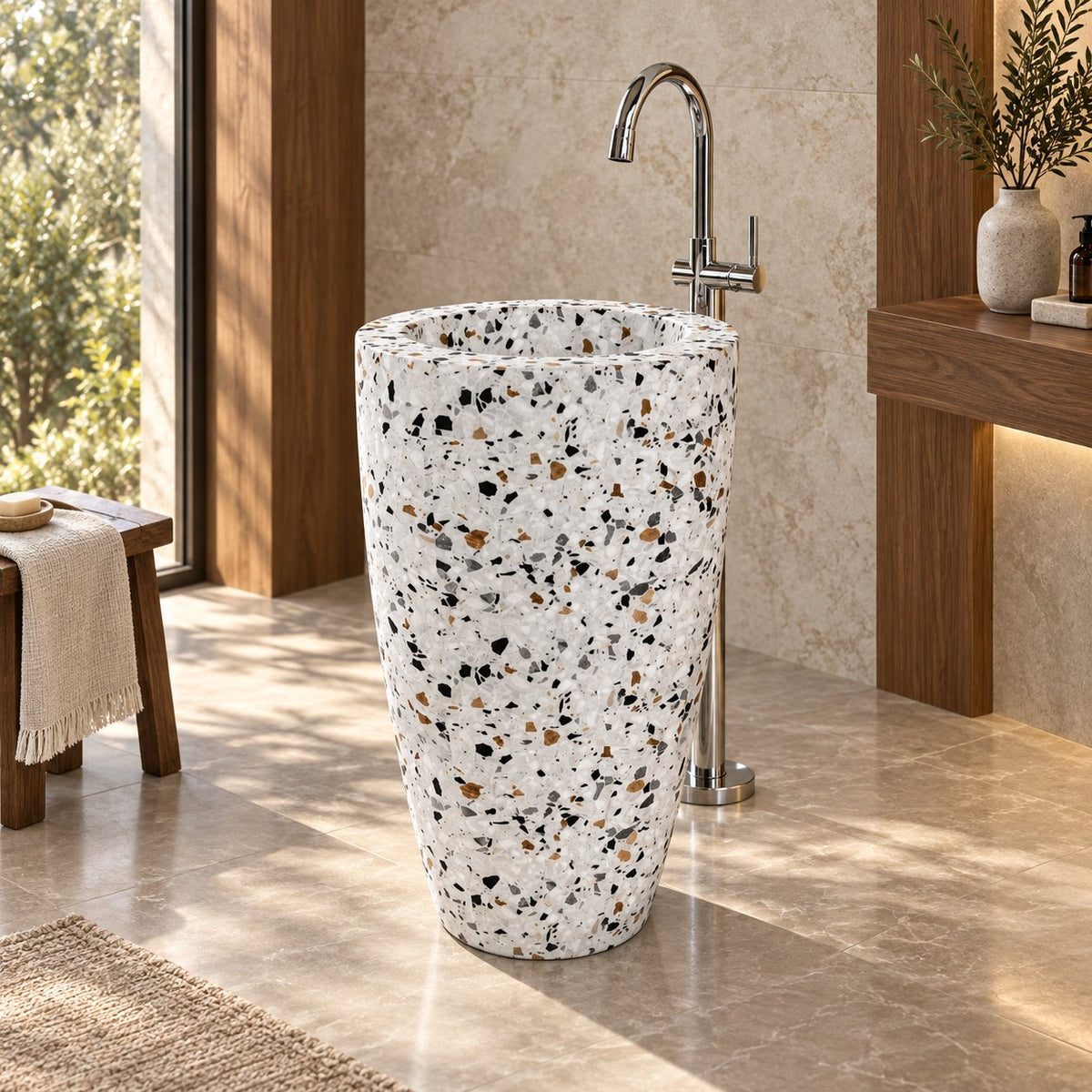 Patty Sky Terrazzo Pedestal Sink — warm walnut bathroom, right three-quarter full pedestal