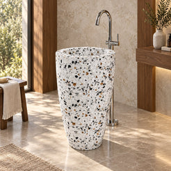 Patty Sky Terrazzo Pedestal Sink — warm walnut bathroom, right three-quarter full pedestal