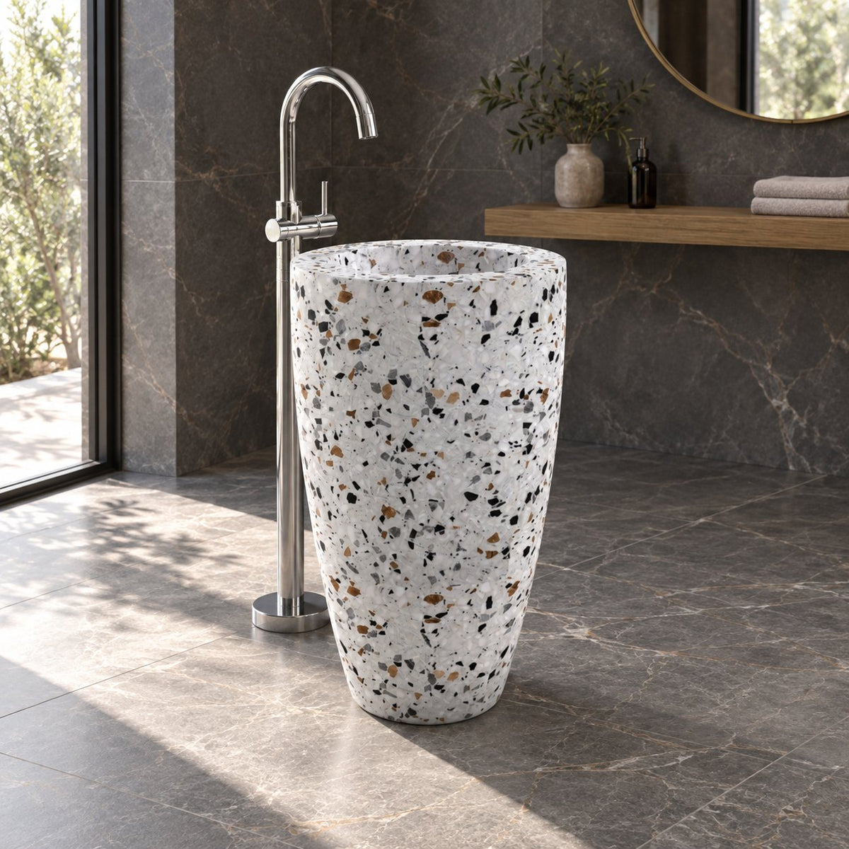 Patty Sky Terrazzo Pedestal Sink — charcoal bathroom, opposite side full pedestal