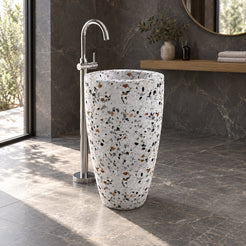 Patty Sky Terrazzo Pedestal Sink — charcoal bathroom, opposite side full pedestal