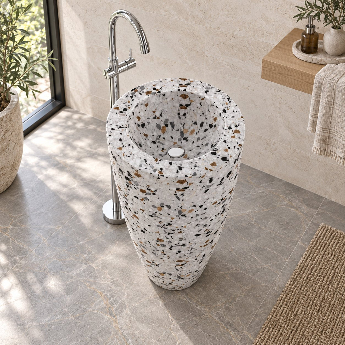 Patty Sky Terrazzo Pedestal Sink — bright oak bathroom, elevated interior and full pedestal