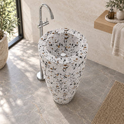 Patty Sky Terrazzo Pedestal Sink — bright oak bathroom, elevated interior and full pedestal