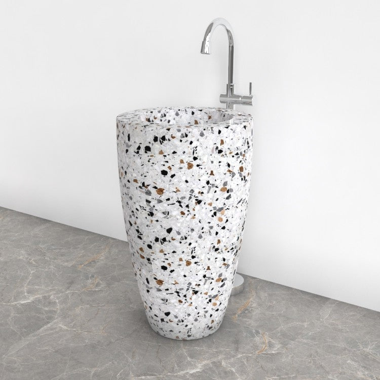 Patty Sky Terrazzo Pedestal Sink — complete floor-standing sink in a bathroom corner