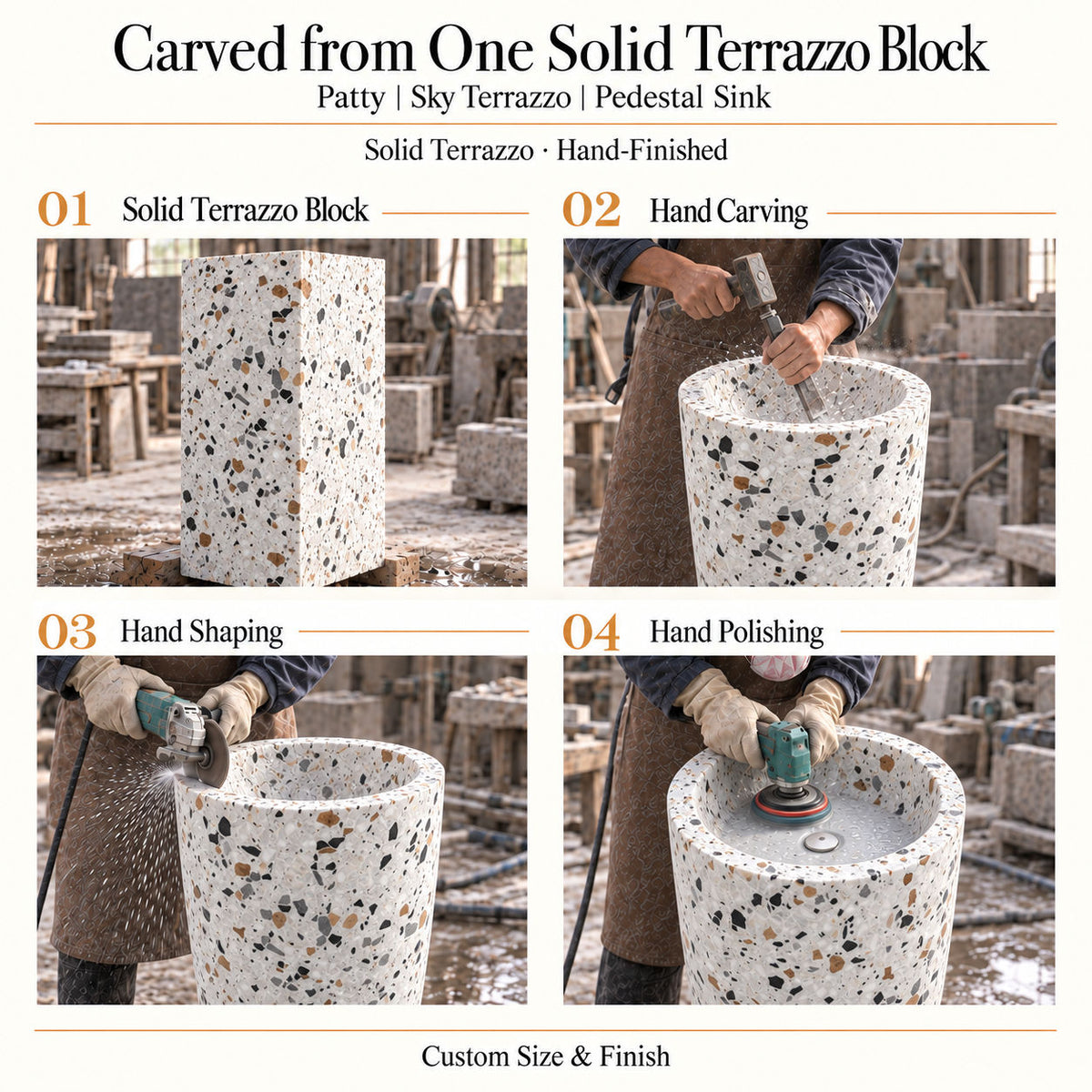 Patty Sky Terrazzo Pedestal Sink carved from one solid terrazzo block with hand carving, shaping and polishing