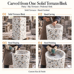 Patty Sky Terrazzo Pedestal Sink carved from one solid terrazzo block with hand carving, shaping and polishing