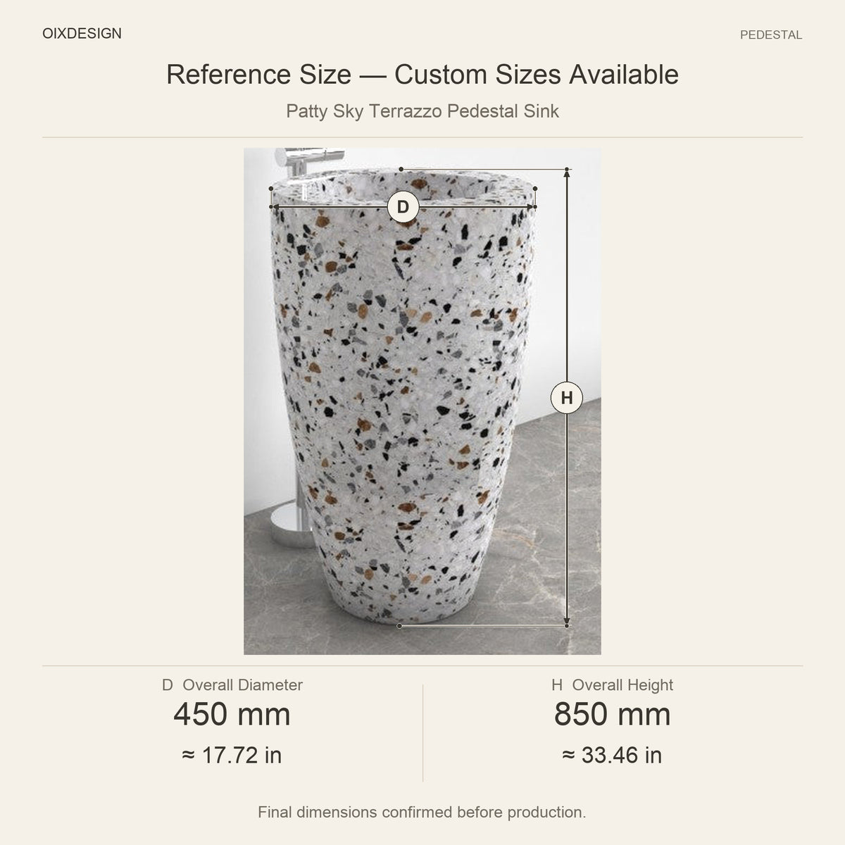 Patty Sky Terrazzo Pedestal Sink reference overall dimensions in millimeters and inches
