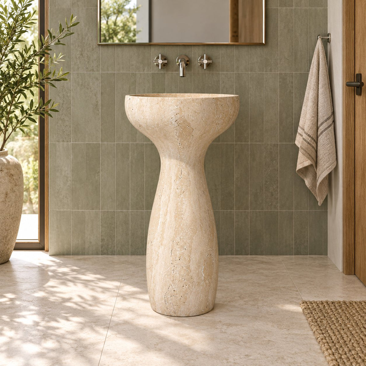Pava Travertino Romano Pedestal Sink — low frontal complete pedestal bathroom