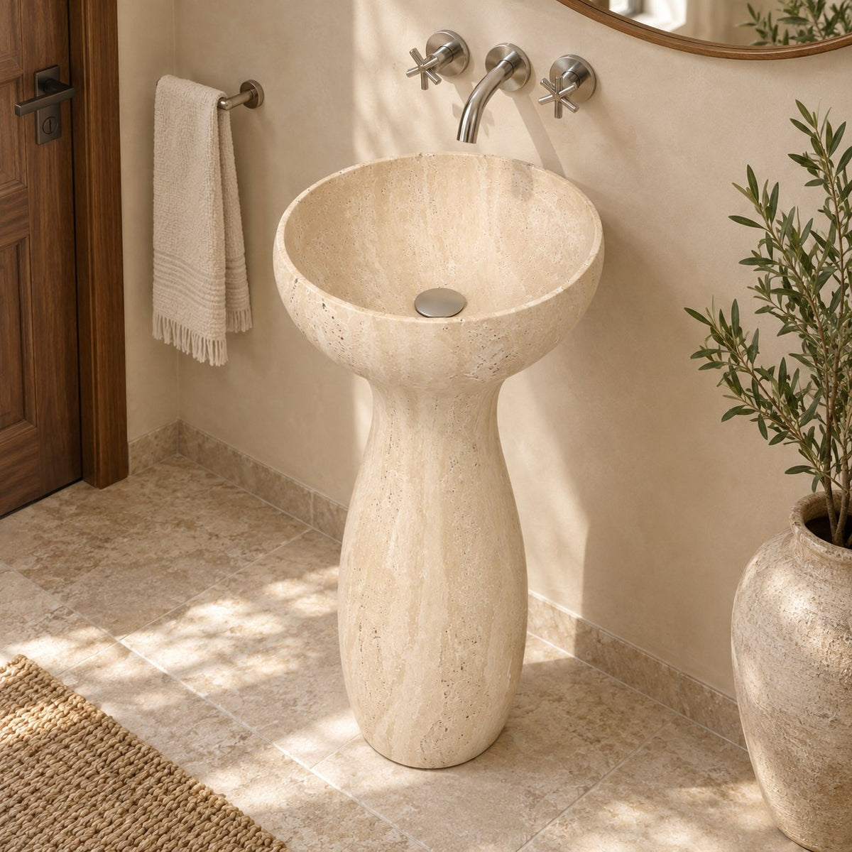 Pava Travertino Romano Pedestal Sink — high opposite-side complete pedestal bathroom