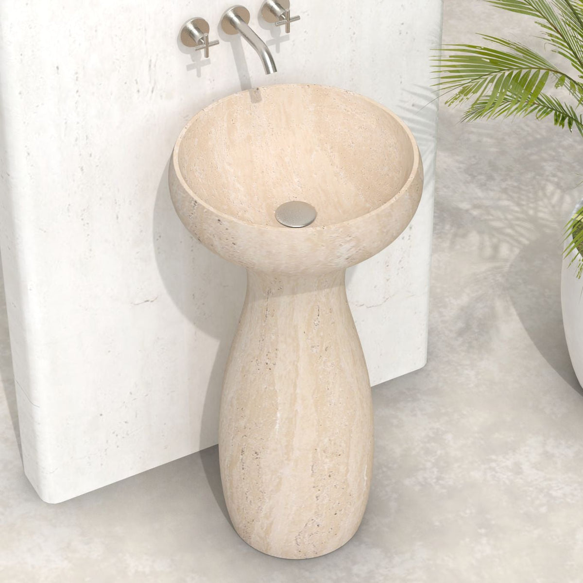Elevated view of the Pava Travertino Romano pedestal sink showing its rounded basin