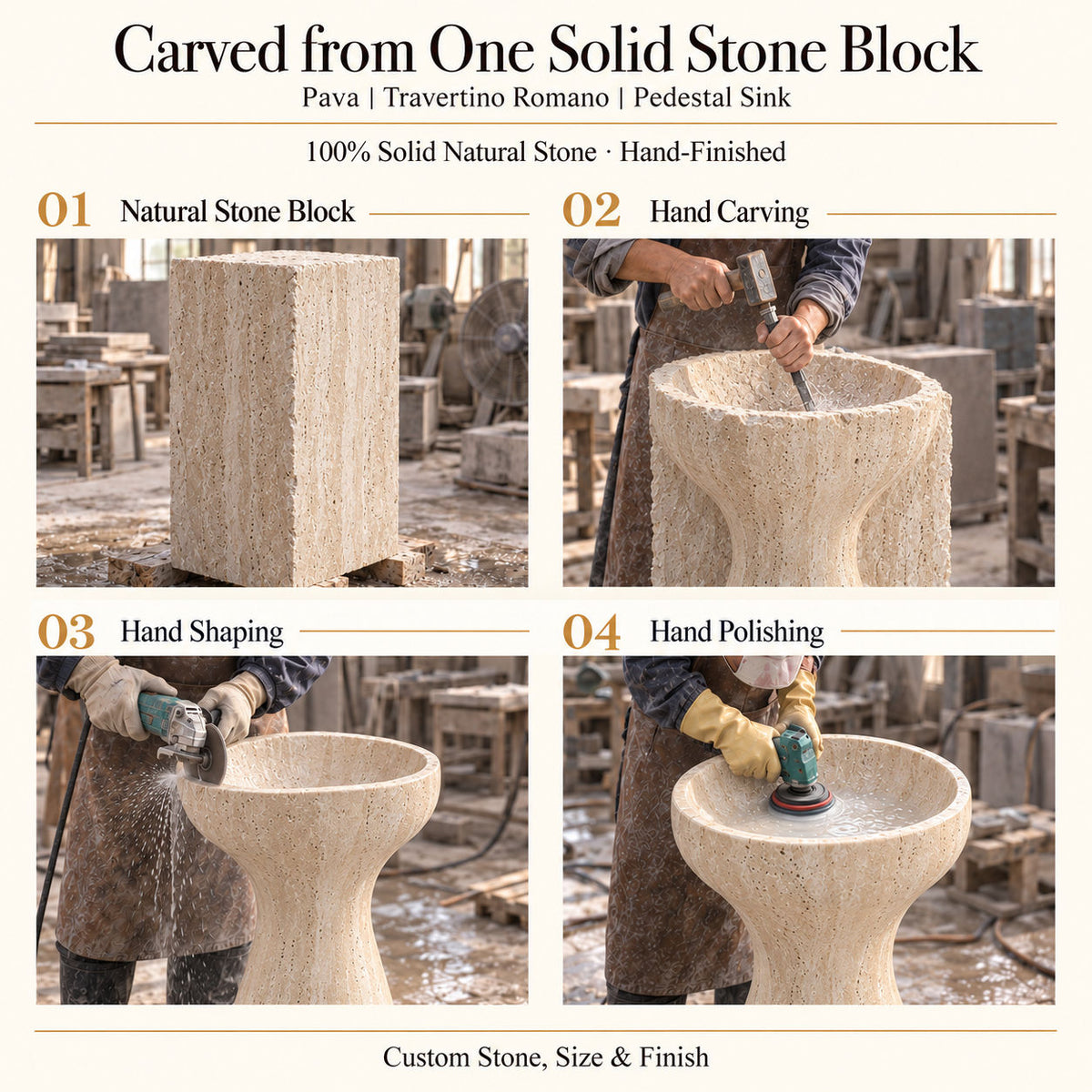 Pava Travertino Romano Pedestal Sink — carved from one solid Travertino Romano block with manual hand carving, shaping and polishing of the continuous pedestal sink