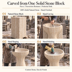 Pava Travertino Romano Pedestal Sink — carved from one solid Travertino Romano block with manual hand carving, shaping and polishing of the continuous pedestal sink