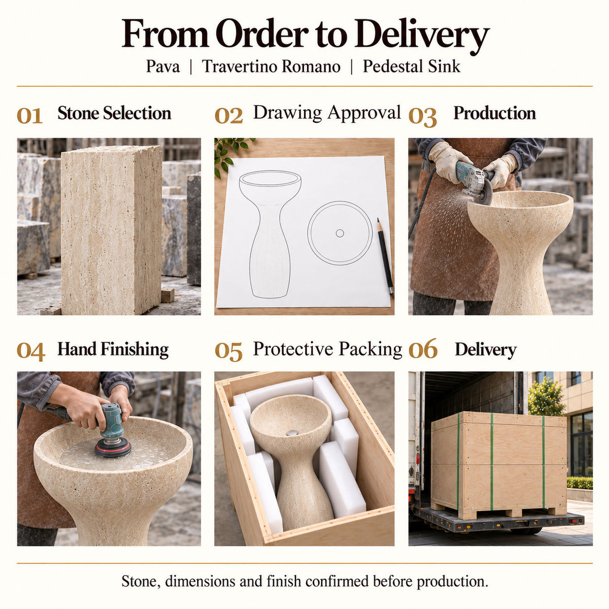 Pava Travertino Romano Pedestal Sink — stone selection, drawing approval, production, hand finishing, full-height protective foam packing and delivery