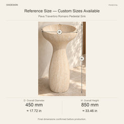 Pava Travertino Romano Pedestal Sink reference overall dimensions in millimeters and inches
