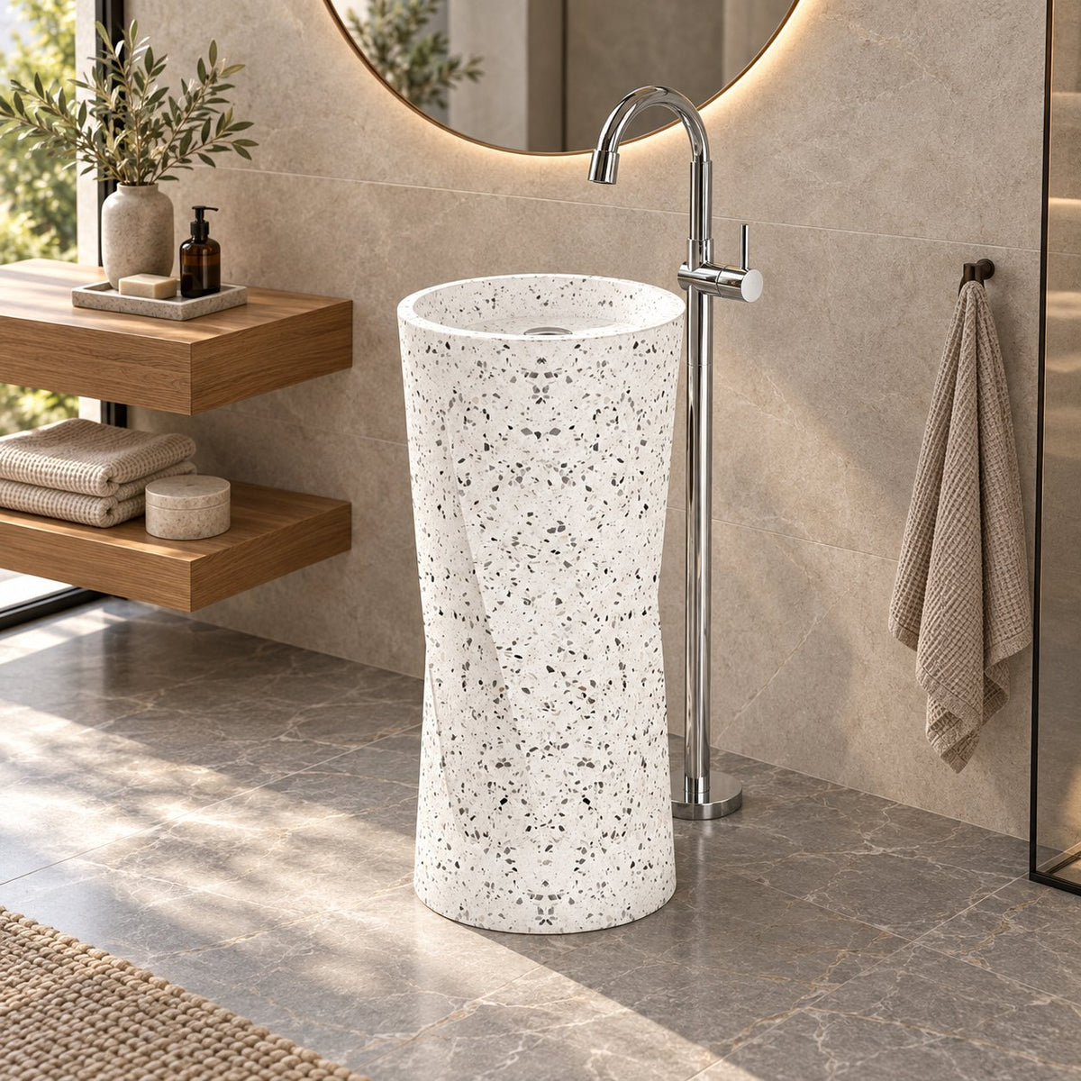 Pavia Alba White Terrazzo Pedestal Sink — three-quarter full pedestal bathroom lifestyle