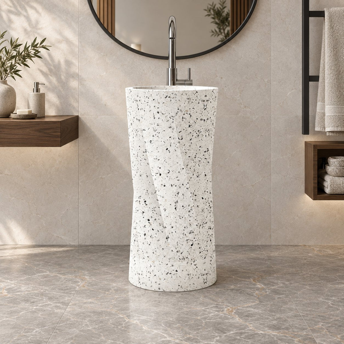Pavia Alba White Terrazzo Pedestal Sink — low frontal full pedestal bathroom lifestyle
