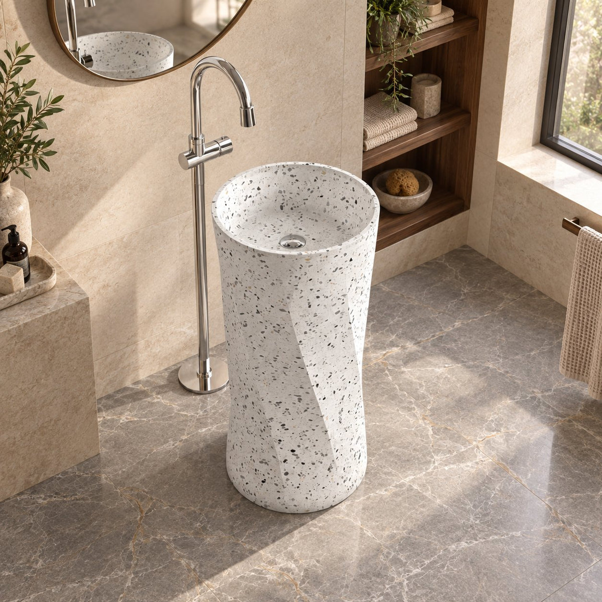 Pavia Alba White Terrazzo Pedestal Sink — elevated opposite-side full pedestal bathroom lifestyle