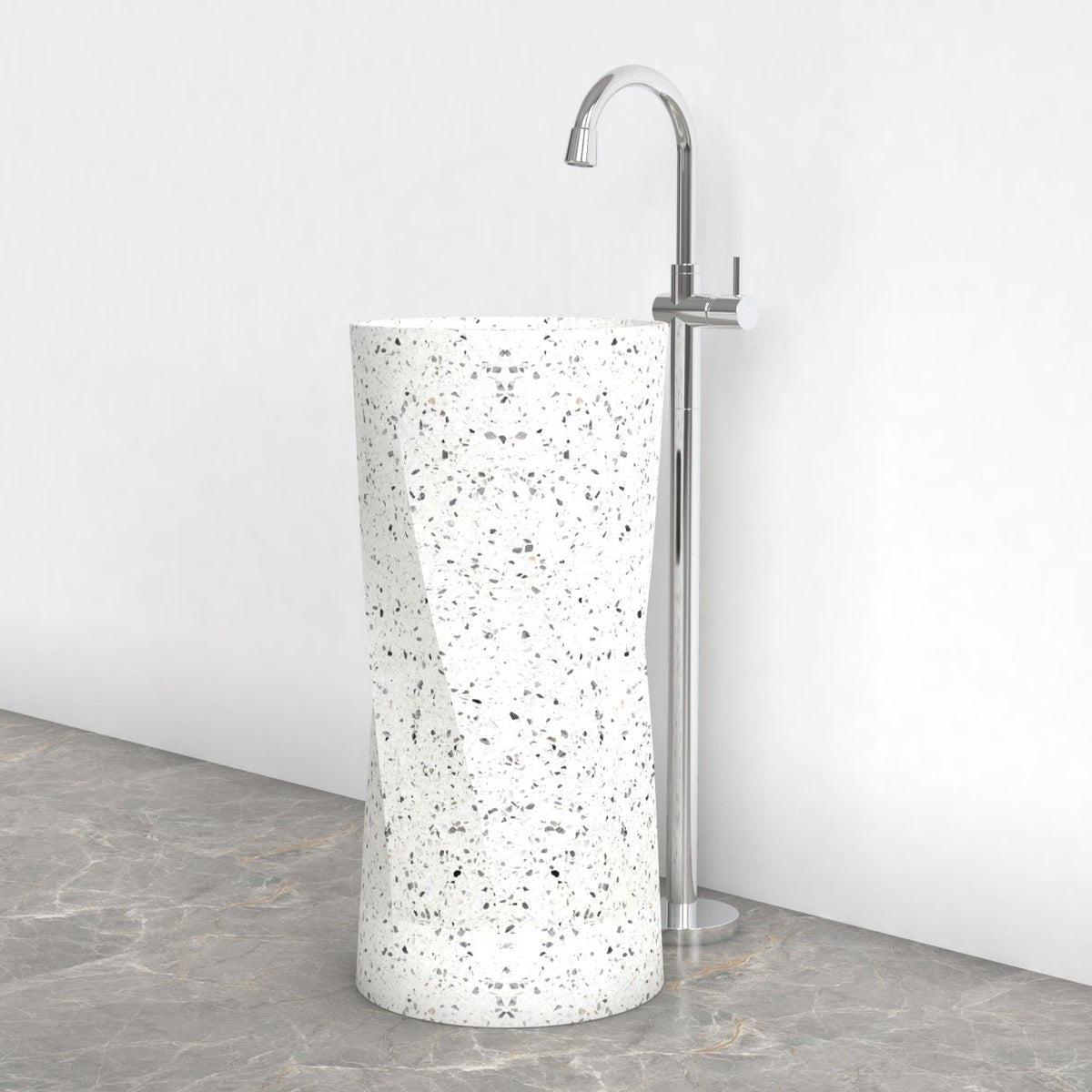 Pavia Alba White Terrazzo Pedestal Sink — complete pedestal and wash basin in a bathroom setting