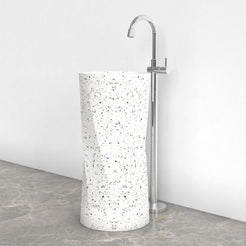 Pavia Alba White Terrazzo Pedestal Sink — complete pedestal and wash basin in a bathroom setting